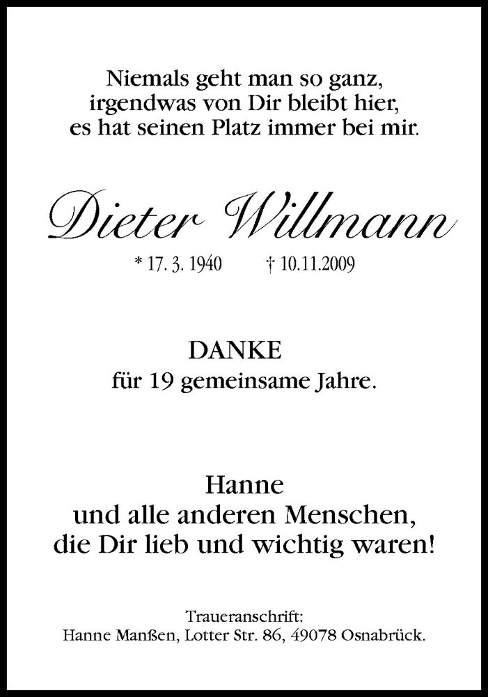  Traueranzeige für Dieter Willmann vom 12.11.2009 aus Neue Osnabrücker Zeitung GmbH & Co. KG