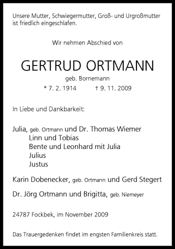 Traueranzeige von Gertrud Ortmann von Neue Osnabrücker Zeitung GmbH & Co. KG