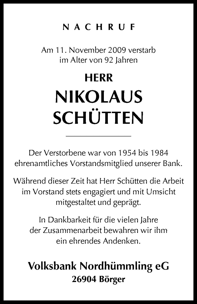  Traueranzeige für Nikolaus Schütten vom 13.11.2009 aus Neue Osnabrücker Zeitung GmbH & Co. KG