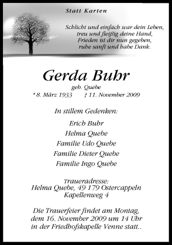 Traueranzeige von Gerda Buhr von Neue Osnabrücker Zeitung GmbH & Co. KG