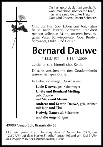 Traueranzeige von Bernard Dauwe von Neue Osnabrücker Zeitung GmbH & Co. KG