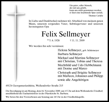 Traueranzeige von Felix Sellmeyer von Neue Osnabrücker Zeitung GmbH & Co. KG