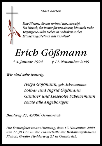Traueranzeige von Erich Gößmann von Neue Osnabrücker Zeitung GmbH & Co. KG