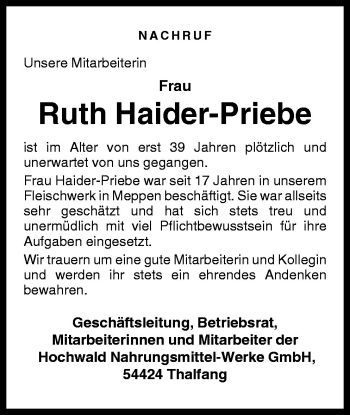 Traueranzeige von Ruth Haider-Priebe von Neue Osnabrücker Zeitung GmbH & Co. KG