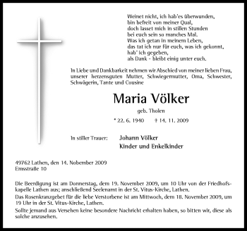 Traueranzeige von Maria Völker von Neue Osnabrücker Zeitung GmbH & Co. KG