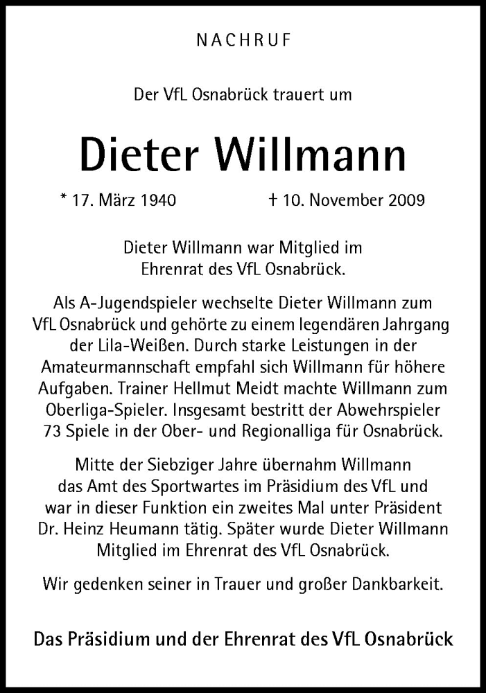  Traueranzeige für Dieter Willmann vom 14.11.2009 aus Neue Osnabrücker Zeitung GmbH & Co. KG