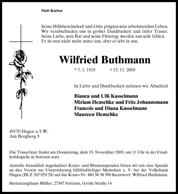Traueranzeige von Wilfried Buthmann von Neue Osnabrücker Zeitung GmbH & Co. KG