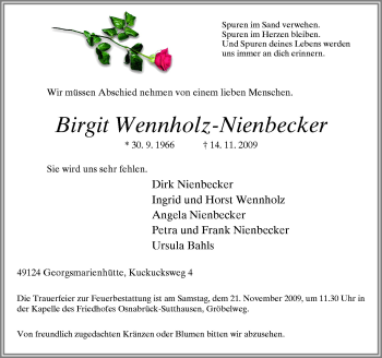 Traueranzeige von Birgit Wennholz-Nienbecker von Neue Osnabrücker Zeitung GmbH & Co. KG