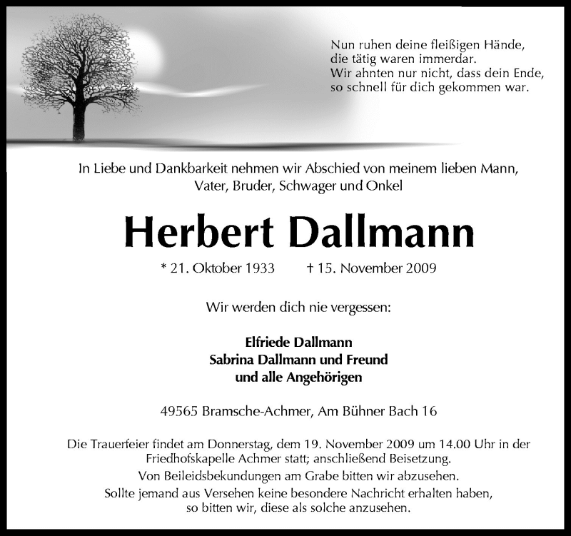  Traueranzeige für Herbert Dallmann vom 17.11.2009 aus Neue Osnabrücker Zeitung GmbH & Co. KG