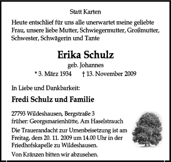 Traueranzeige von Erika Schulz von Neue Osnabrücker Zeitung GmbH & Co. KG