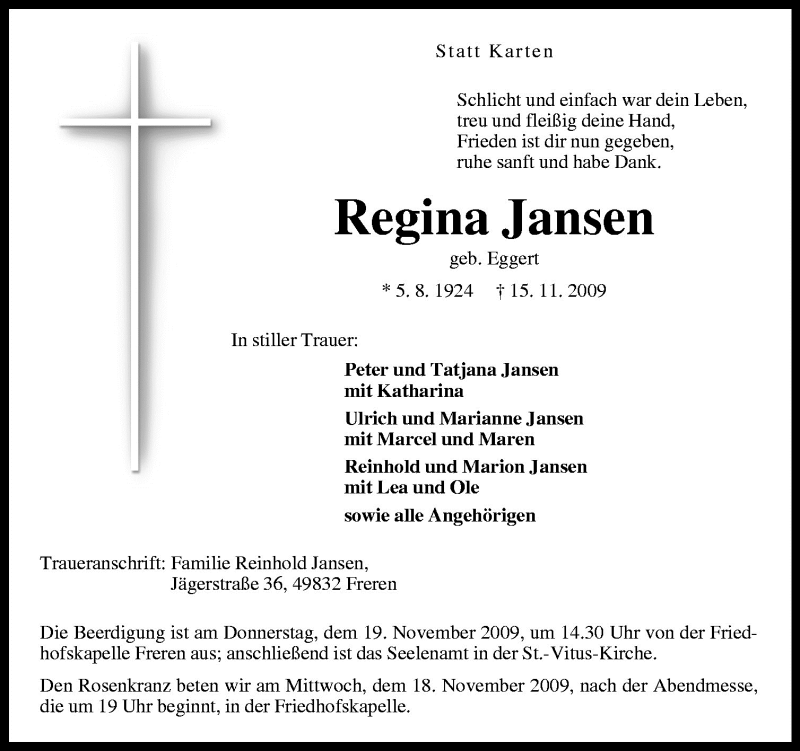  Traueranzeige für Regina Jansen vom 18.11.2009 aus Neue Osnabrücker Zeitung GmbH & Co. KG