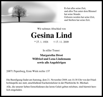 Traueranzeige von Gesina Lind von Neue Osnabrücker Zeitung GmbH & Co. KG