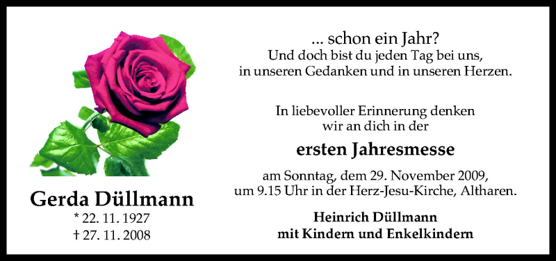  Traueranzeige für Gerda Düllmann vom 27.11.2009 aus Neue Osnabrücker Zeitung GmbH & Co. KG