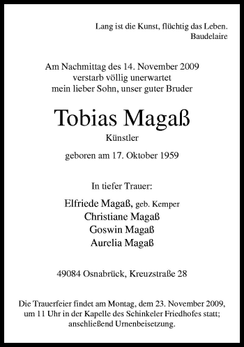 Traueranzeige von Tobias Magaß von Neue Osnabrücker Zeitung GmbH & Co. KG