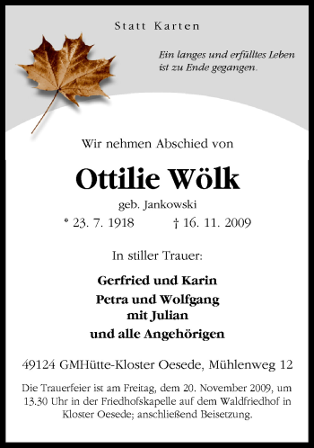 Traueranzeige von Wölk Ottilie von Neue Osnabrücker Zeitung GmbH & Co. KG