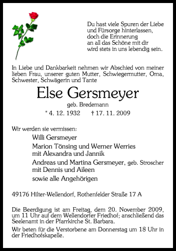 Traueranzeige von Else Gersmeyer von Neue Osnabrücker Zeitung GmbH & Co. KG