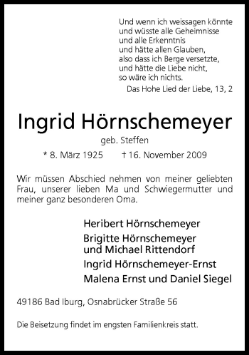 Traueranzeige von Ingrid Hörnschemeyer von Neue Osnabrücker Zeitung GmbH & Co. KG