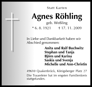 Traueranzeige von Agnes Röhling von Neue Osnabrücker Zeitung GmbH & Co. KG