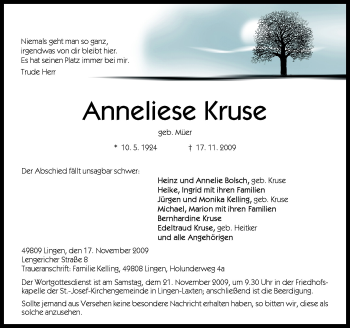 Traueranzeige von Anneliese Kruse von Neue Osnabrücker Zeitung GmbH & Co. KG