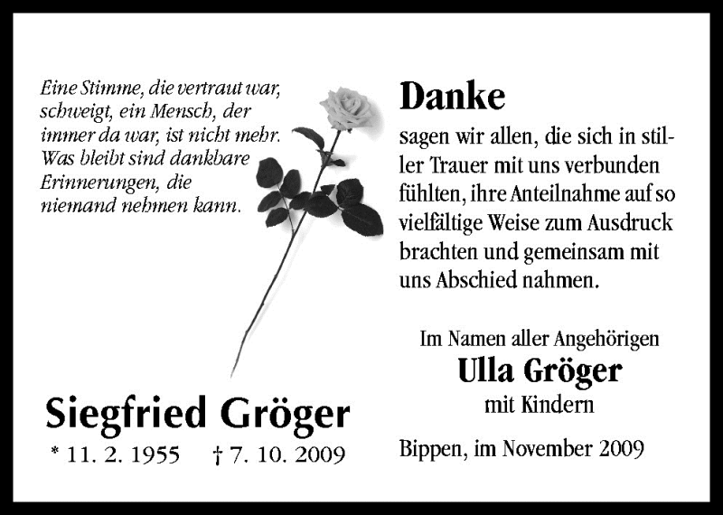  Traueranzeige für Siegfried Gröger vom 21.11.2009 aus Neue Osnabrücker Zeitung GmbH & Co. KG