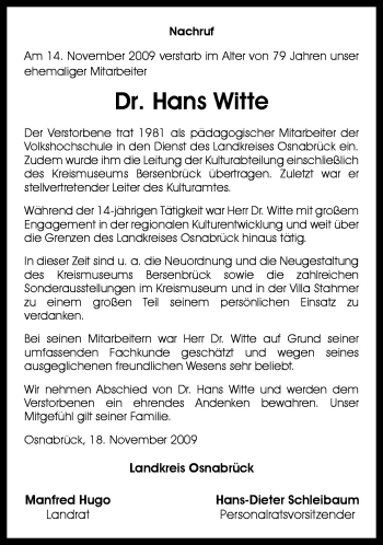 Traueranzeige von Hans Witte von Neue Osnabrücker Zeitung GmbH & Co. KG