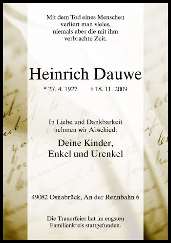 Traueranzeige von Heinrich Dauwe von Neue Osnabrücker Zeitung GmbH & Co. KG