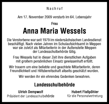 Traueranzeige von Anna Maria Wessels von Neue Osnabrücker Zeitung GmbH & Co. KG