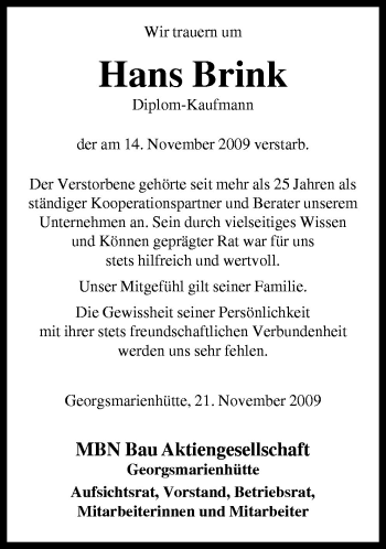 Traueranzeige von Hans Brink von Neue Osnabrücker Zeitung GmbH & Co. KG
