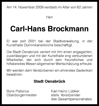 Traueranzeige von Carl-Hans Brockmann von Neue Osnabrücker Zeitung GmbH & Co. KG