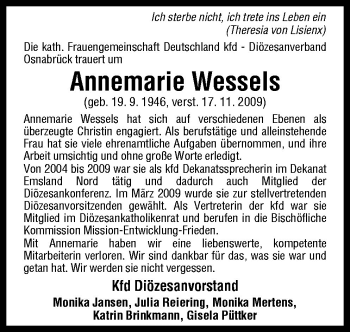 Traueranzeige von Annemarie Wessels von Neue Osnabrücker Zeitung GmbH & Co. KG
