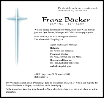 Traueranzeige von Franz Bäcker von Neue Osnabrücker Zeitung GmbH & Co. KG