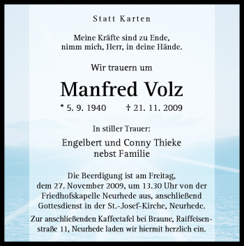 Traueranzeige von Manfred Volz von Neue Osnabrücker Zeitung GmbH & Co. KG
