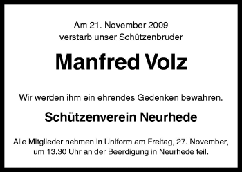 Traueranzeige von Manfred Volz von Neue Osnabrücker Zeitung GmbH & Co. KG