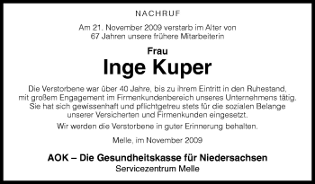 Traueranzeige von Inge Kuper von Neue Osnabrücker Zeitung GmbH & Co. KG
