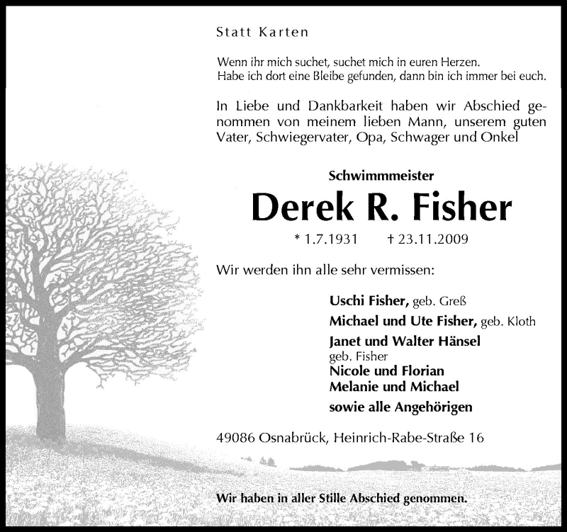  Traueranzeige für Derek R Fisher vom 28.11.2009 aus Neue Osnabrücker Zeitung GmbH & Co. KG