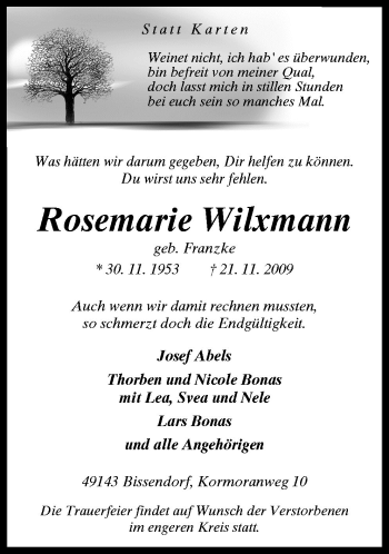 Traueranzeige von Rosemarie Wilxmann von Neue Osnabrücker Zeitung GmbH & Co. KG