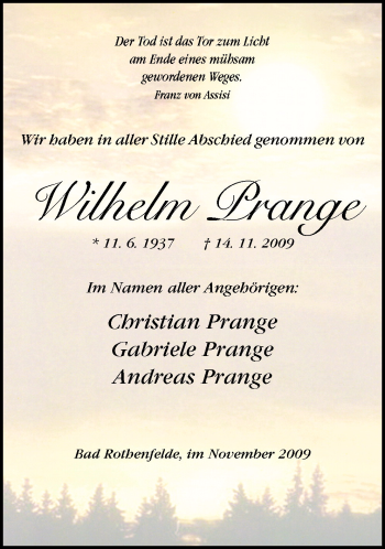 Traueranzeige von Wilhelm Prange von Neue Osnabrücker Zeitung GmbH & Co. KG