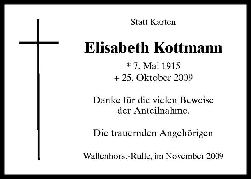  Traueranzeige für Elisabeth Kottmann vom 28.11.2009 aus Neue Osnabrücker Zeitung GmbH & Co. KG