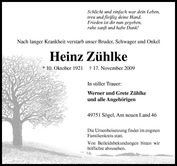 Traueranzeige von Heinz Zühlke von Neue Osnabrücker Zeitung GmbH & Co. KG
