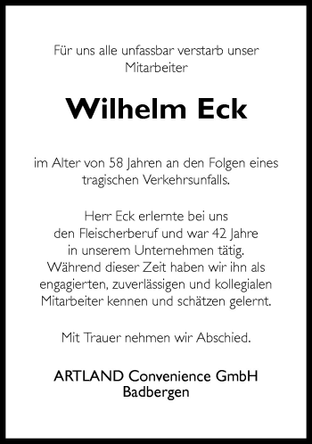 Traueranzeige von Wilhelm Eck von Neue Osnabrücker Zeitung GmbH & Co. KG