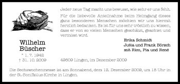 Traueranzeige von Wilhelm Büscher von Neue Osnabrücker Zeitung GmbH & Co. KG