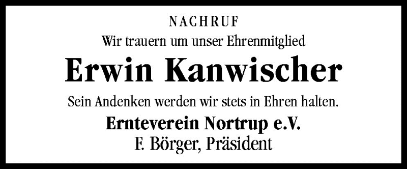  Traueranzeige für Erwin Kanwischer vom 01.12.2009 aus Neue Osnabrücker Zeitung GmbH & Co. KG