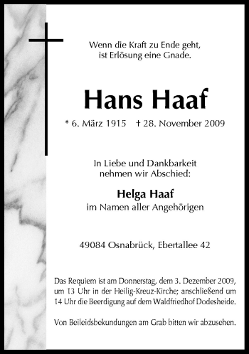 Traueranzeige von Hans Haaf von Neue Osnabrücker Zeitung GmbH & Co. KG