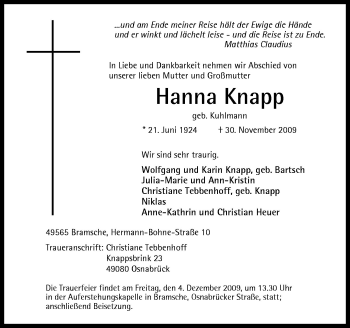 Traueranzeige von Hanna Knapp von Neue Osnabrücker Zeitung GmbH & Co. KG