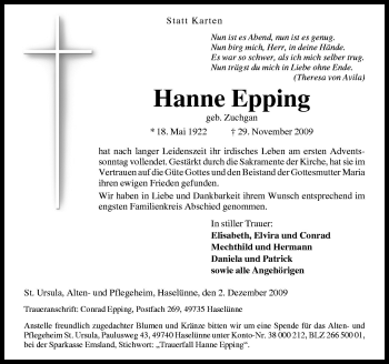 Traueranzeige von Hanne Epping von Neue Osnabrücker Zeitung GmbH & Co. KG