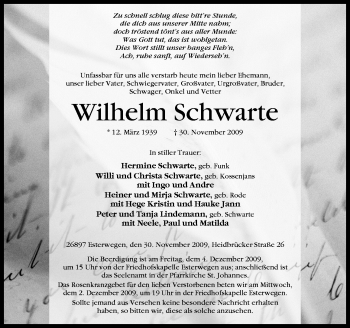 Traueranzeige von Wilhelm Schwarte von Neue Osnabrücker Zeitung GmbH & Co. KG