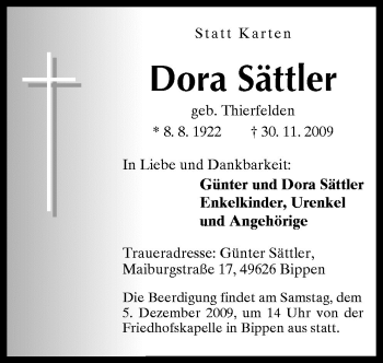 Traueranzeige von Dora Sättler von Neue Osnabrücker Zeitung GmbH & Co. KG