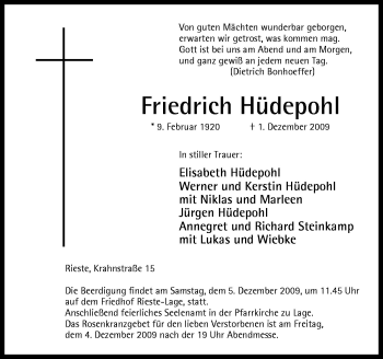 Traueranzeige von Friedrich Hüdepohl von Neue Osnabrücker Zeitung GmbH & Co. KG