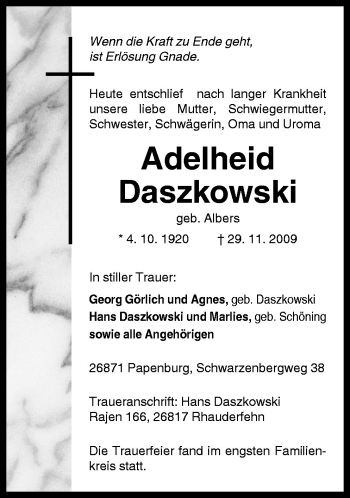 Traueranzeige von Adelheid Daszkowski von Neue Osnabrücker Zeitung GmbH & Co. KG