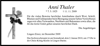 Traueranzeige von Anni Thaler von Neue Osnabrücker Zeitung GmbH & Co. KG